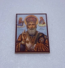 Vintage Saint St Nicholas Ornate Orthodox Wooden Icon 3” Print Art Decor 7