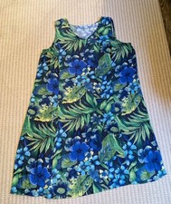 VTG Teddi Women 2X Dress Rayon Blue Green Tropical Floral Hem Can Be Let Out 90s