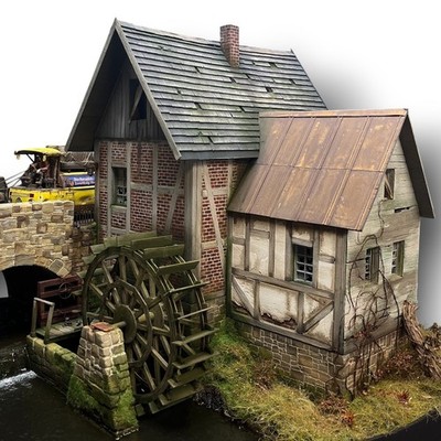 Wassermühle mit Wasserrad 1:35   Laser Cut Holzbausatz Gebäude für DIY Diorama