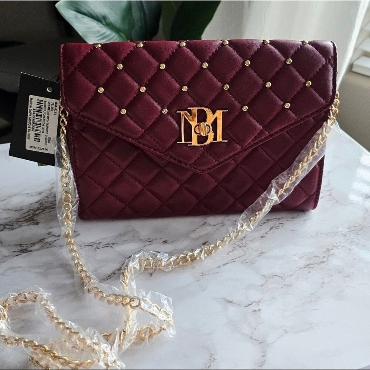 Badgley Mischka womens chevron quilted pocket studded plum gold backpack new nwt Badgley Mischka NWT Plum Quilted and Studded Crossbody w  main image 2