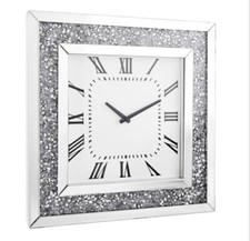 Wanduhr Tischuhr Standuhr verspiegelt Glas Strass Diamanten Silber Weiß 50x50 cm