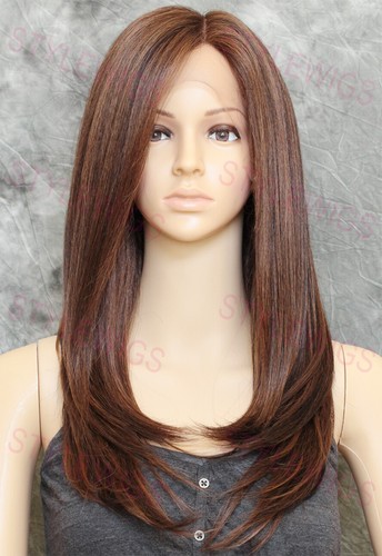 Blond/Braun/Auburn lange gerade Hitze OK Spitze vorne Echthaarmischung Perücke EVEK - Bild 2 von 7