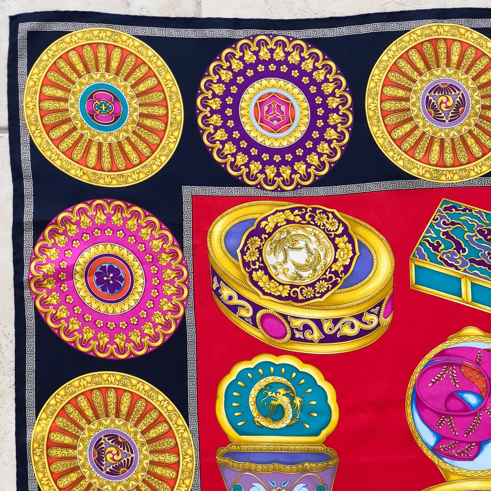 GIANNI VERSACE navy blue red silk scarf Japanese Jewelry Box size 34" from 1998 image 8