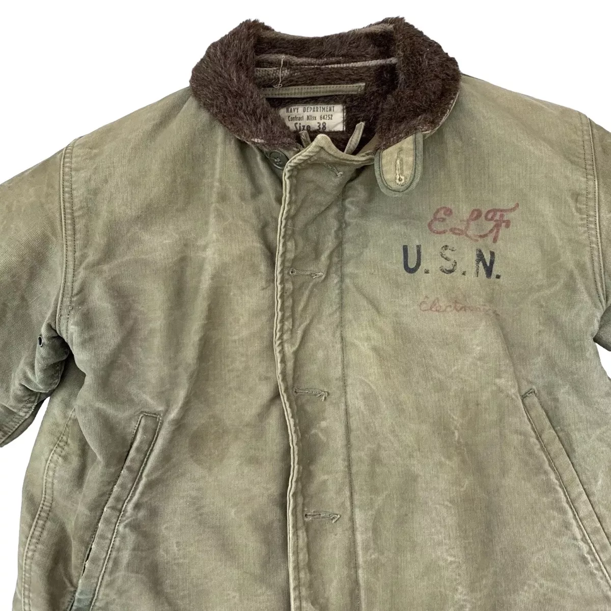 Vintage 1940s WW2 USN N-1 Deck Jacket 38 Alpaca Distressed US Navy Military  40s