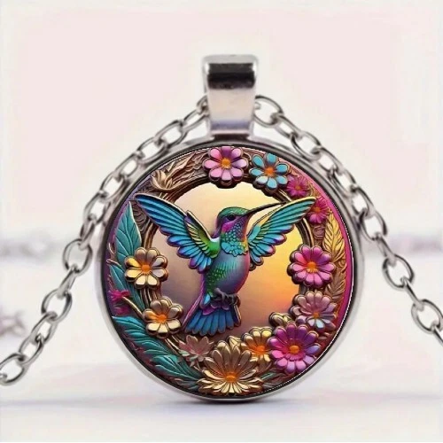 Cute Colorful Kingfisher Pattern Round Pendant Necklace, Bohemian Style Gift - product listing photo
