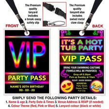 HOT TUB PARTY THEME LANYARD VIP PASS, Birthday Party Invitation, Personalised