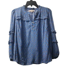 LOFT Paisley Ruffle Blouse Long Sleeve Button Up Top Blue Size SP
