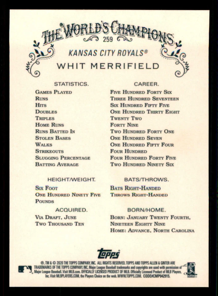 2020 Topps Allen and Ginter Chrome Refractors #259 Whit Merrifield - Image 2 of 2