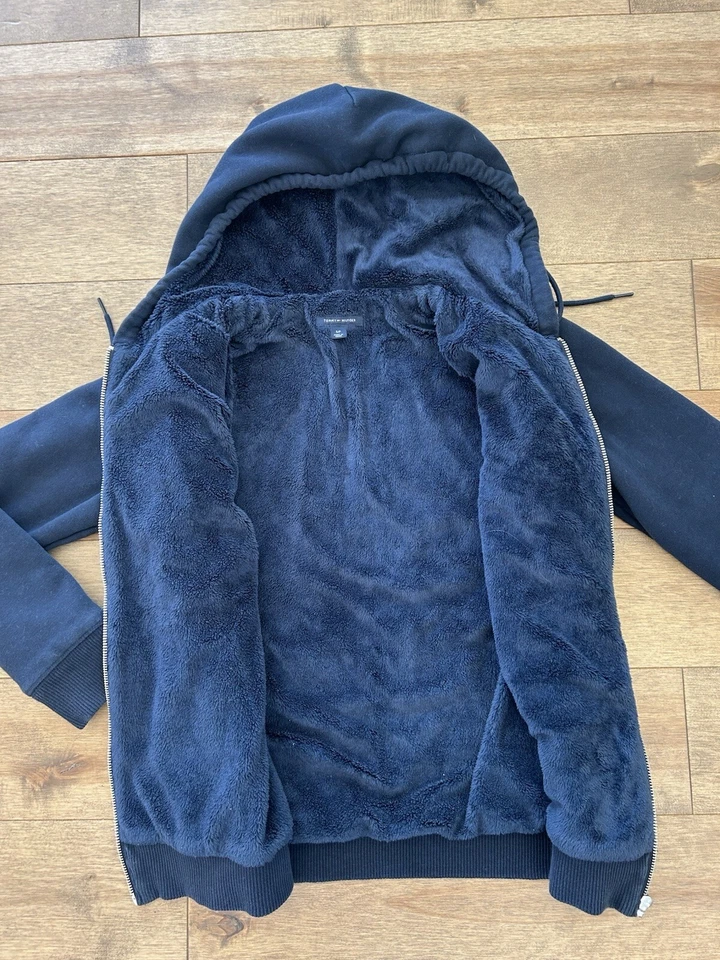 Chaqueta Tommy Hilfiger para mujer S azul polar logotipo deletreado cremallera felpa forrada Y2K Foto 4 de 4