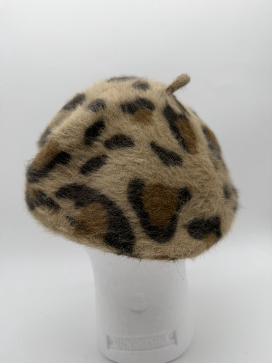 Collection XVIII Leopard Print Beret Hat 100% Angora Wool Fuzzy