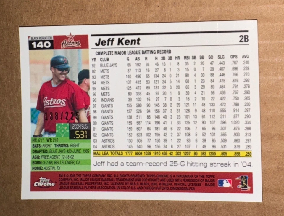 2005 Topps Chrome Jeff Kent #140 Black Refractor #’d /225 Free Shipping!! - Image 2 of 2