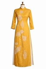 Beaded Golden Yellow Vietnamese Ao Dai Dress White Lotus Back Zip size L