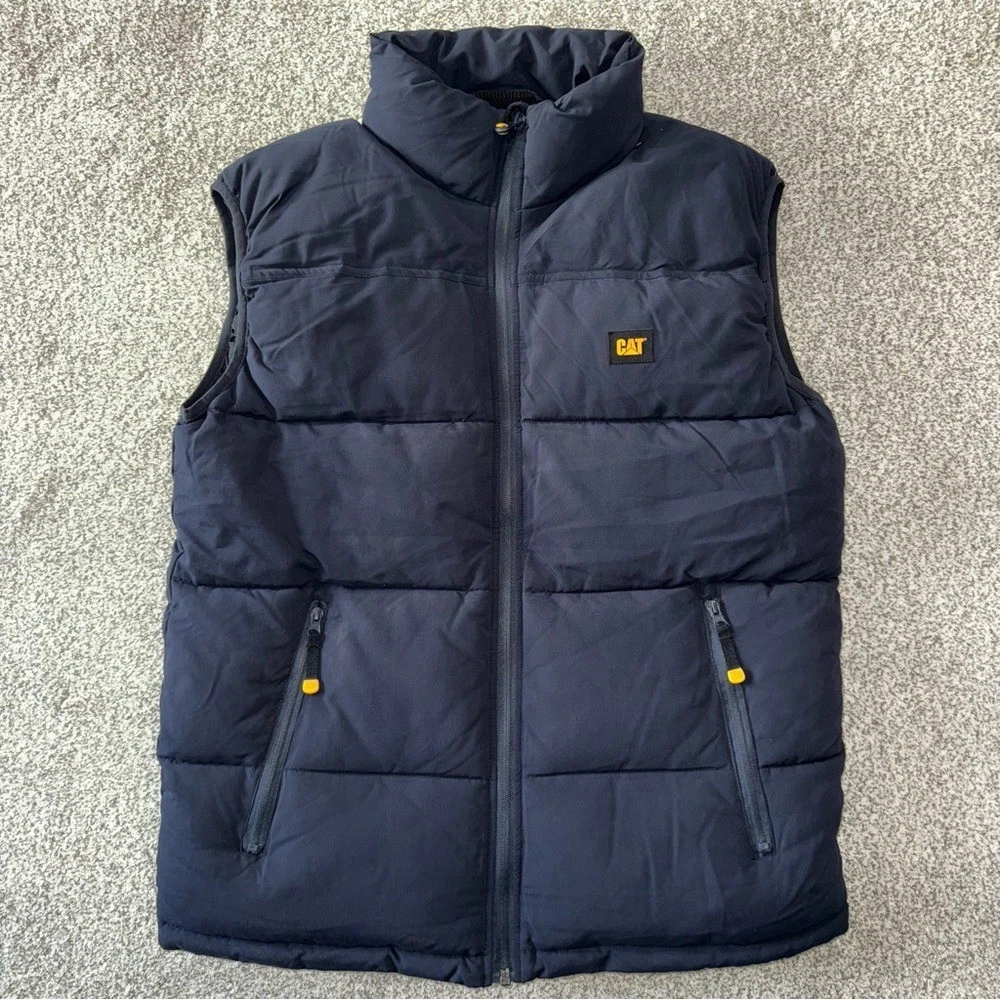 Men's Navy CAT Workwear Arctic Zone Quilted Full Zip Pockets Puffer Vest Size M