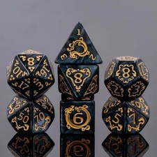 TEG - 7 Black w/ Gold Dragon Polyhedral Dice New Polyhedral Dice Sets