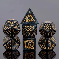 TEG - 7 Black w/ Gold Dragon Polyhedral Dice New Polyhedral Dice Sets