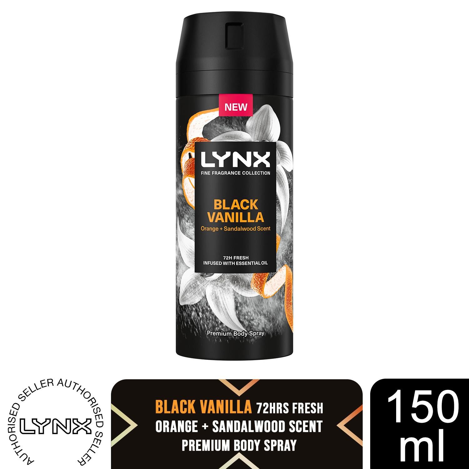 Lynx Fine Fragrance Black Vanilla Body Spray 150ml Mens Deodorant 72H Fresh