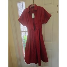 Quince Red Short Sleeve Pleated Waist Midi Shirt Dress NWT XS