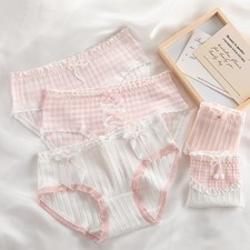 Bow Lace Trim Floral Print Ribbed Cotton Crotch Sweet Womens Rise Hipster Briefs