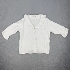 Match Point Shirt Womens Small Linen Button Front Ruffle Collar 3/4 Sleeve USA