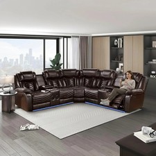 SALE LED Contemporary 2-Recliner Sectional Brown Leather with Bluetooth Speaker