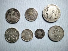 World silver coins. Switzerland germany belgium France Japan Canada. 1867-1964