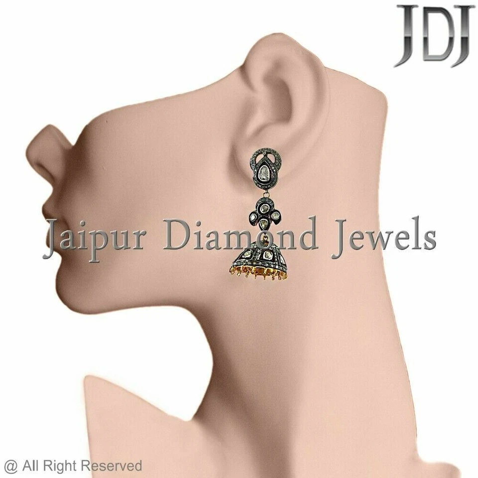 Natural Polki Pave Diamond Earrings 14K Gold Handmade Silver Jewelry Earring - Image 3 of 4