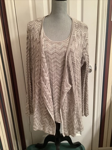 Chicos Two Piece Tank Cardigan SET Size 3 XL Silver Metallic Chevron