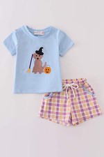 Boy's Boutique Blue Halloween Witch Dog Embroidered Embroidery Short Set Matchin