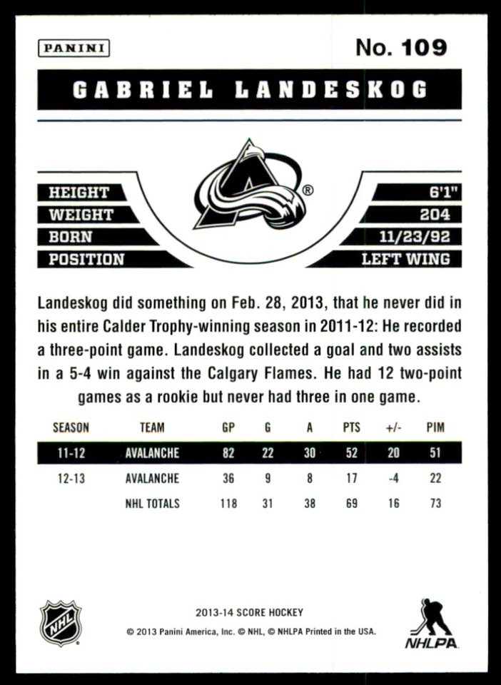2013-14 Score Gabriel Landeskog #109 - Image 2 of 2