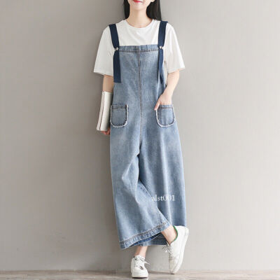 Womens Loose Denim Overalls Bib Pants Jeans Jumpsuits Rompers Dungarees  Wide Leg