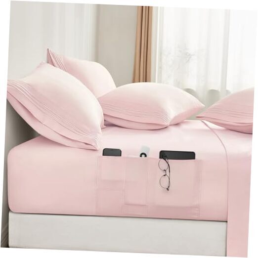 6 Pieces Bed Sheets Set with Pockets on Side(), Sweat-Wicking King Light Pink