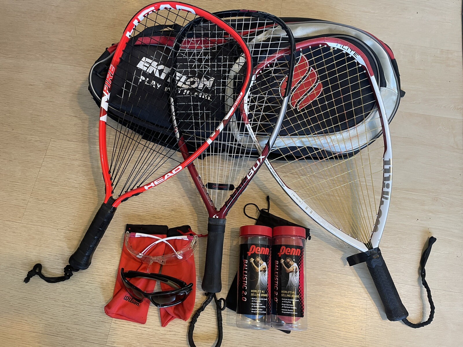 Racquetball Set Wilson NCode NLite Head MXFire Gearbox Ektelon Bag