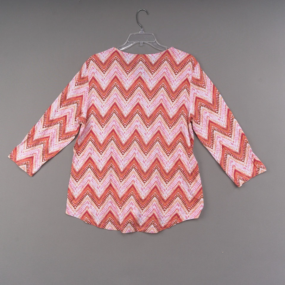 Blusa Chico’s para mujer L rosa naranja estampado de azulejos en zigzag cuello en V manga 3/4 Foto 3 de 4