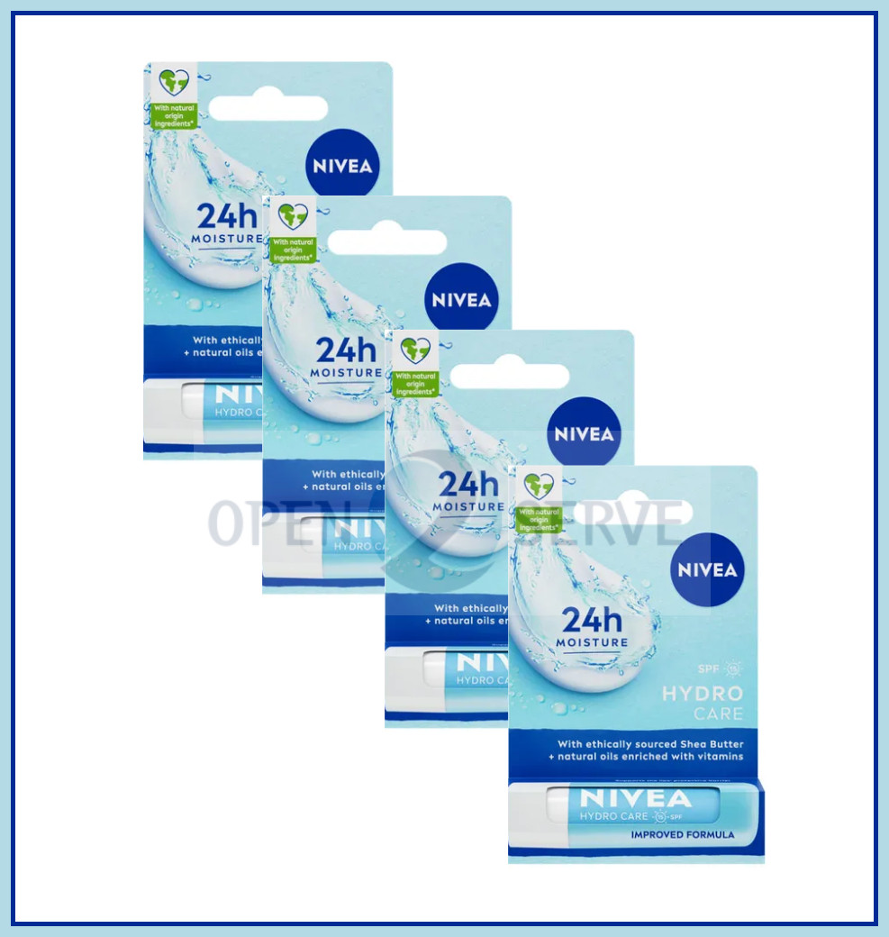 NIVEA Lip Balm Hydro Care - SPF 15 | Hydrating | 24h Moisture - 4 Pack - 4.8g