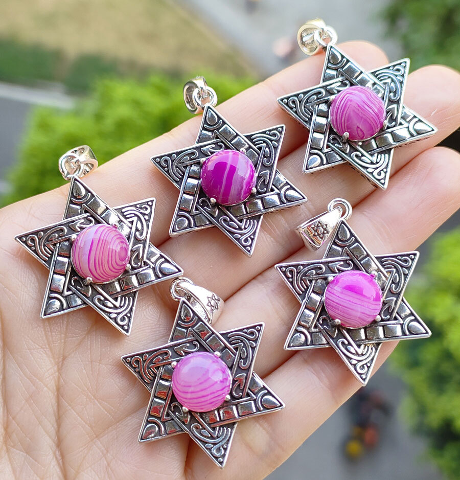 5pcs Rose Agate Antique Silver Star Pendants Gems Magic Reiki Healing Amulet