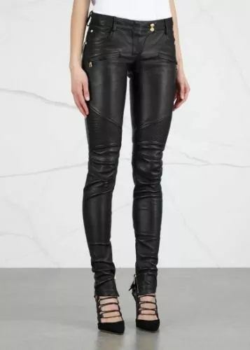 Women Genuine Lambskin Biker Pants Black Real Leather Skinny