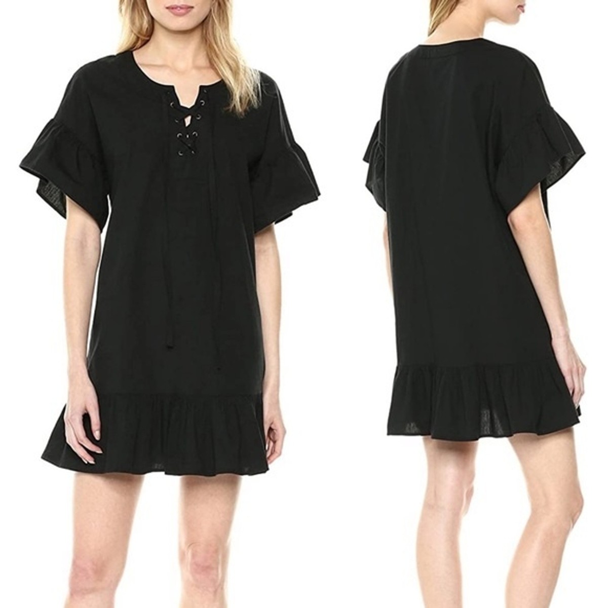 Lucky Brand Black Linen Ruffle Hem Lace Up Dress, Small, NWT
