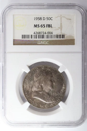 1958-D Franklin Silver Half Dollar NGC MS65 FBL Full Bell Lines 50c