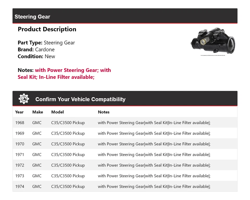 Para camioneta GMC C35/C3500 1968-1974 engranaje de dirección cardone 1969 1970 1971 1972 Foto 2 de 4