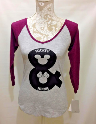 Disney Mickey & Minnie T-Shirt  Jr Women's XS Maroon Raglan Sleeves Baseball Top