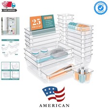 25 PCS Clear Plastic Drawer Organizer Set, 4 Sizes Desk Drawer Divider Organi...
