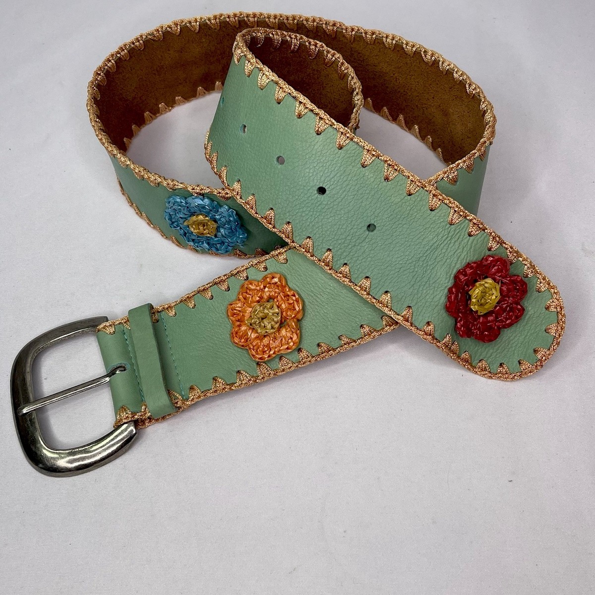 Womens Light Green Leather Belt Textured 3D Raffia Flowers  display picture 2