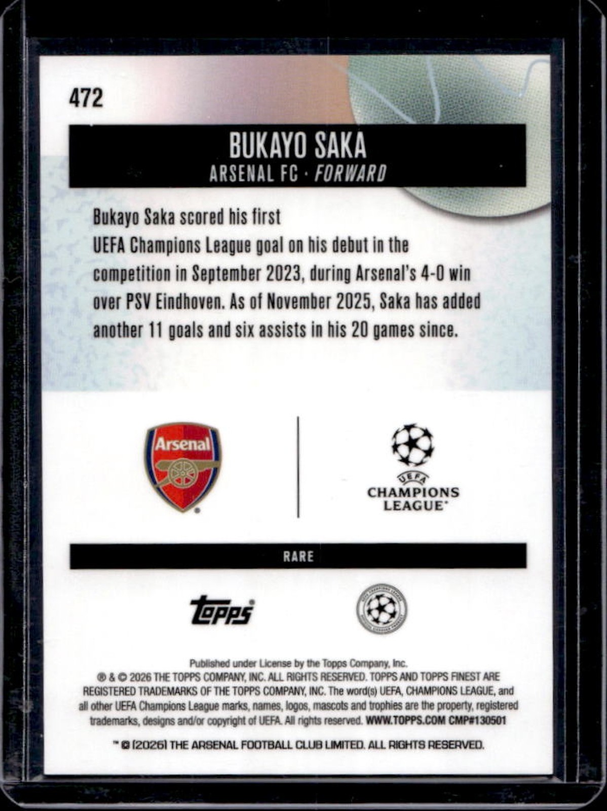 2025-26 Topps Finest Bukayo Saka Rare Purple Checkerboard Refractor #/75 view 2