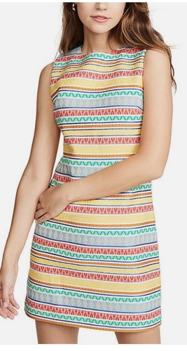 Alice + Olivia Coley Crew Neck Dress Size 8 Sheath Embroidered Multicolor Stripe