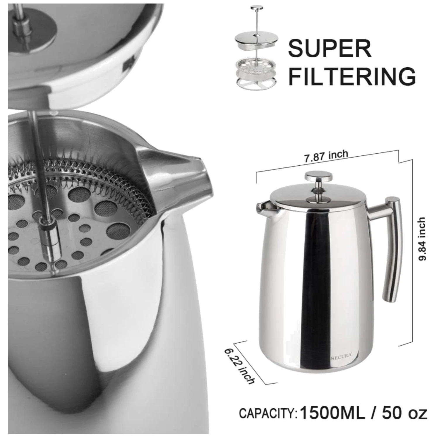 Large 1.5L Stainless Steel Insulated Coffee Press