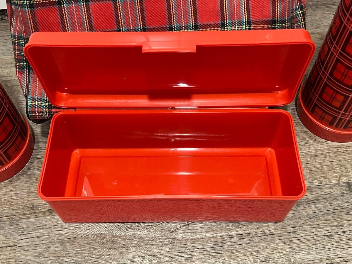 Vintage Never Used Aladdin Red Plaid Picnic Set of 2 Thermos