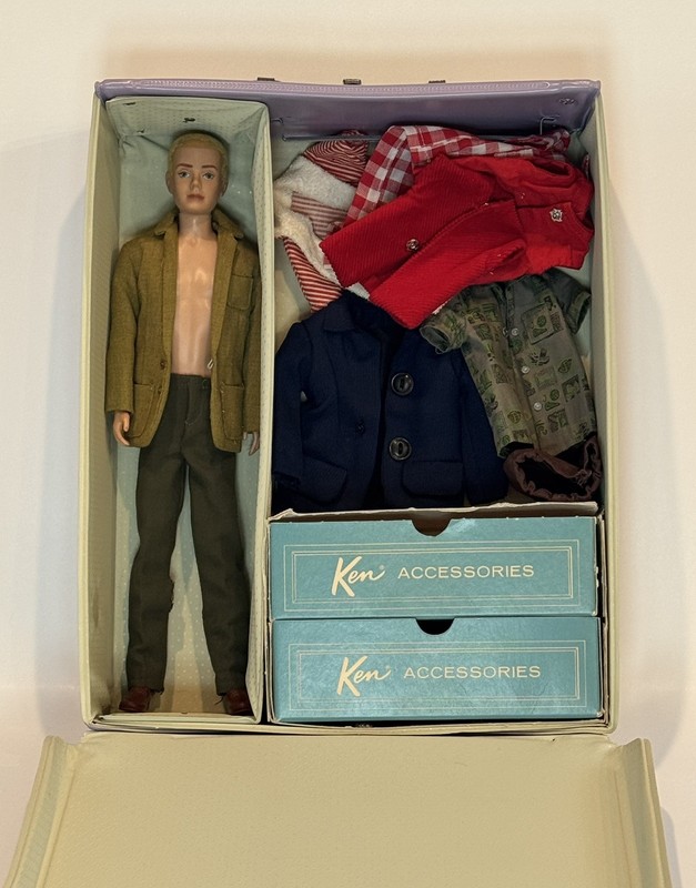 Vintage 1961 Flocked Hair Ken Doll Lot w/ 1963 Case & Mattel Tagged Clothes