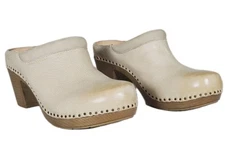 Dansko Sammy Beige Leather Mule Clogs High Block Heel Nailhead Women US 7.5 - 8