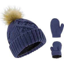 Baby Hat Mitten Set Navy - Winter Beanie for Baby Boys 0-6 Months, Fleece Li...