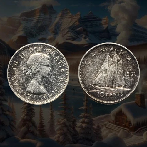 1960 Canada 10 Cents, .800 Silver Coin, Queen Elizabeth II, The Bluenose in sail